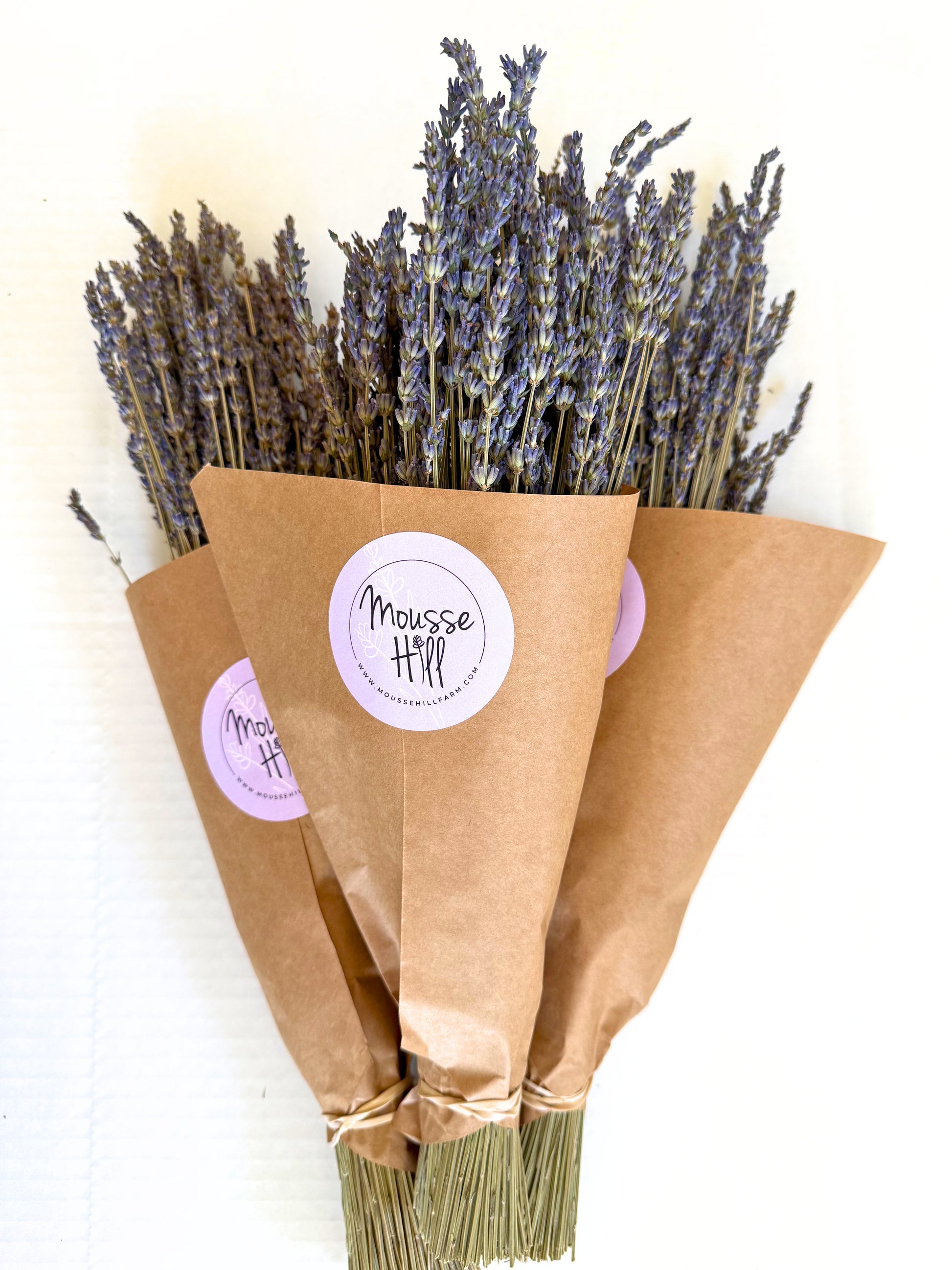 Bouquet of lavender wrapped in brown paper with 'Mousse Hill' label