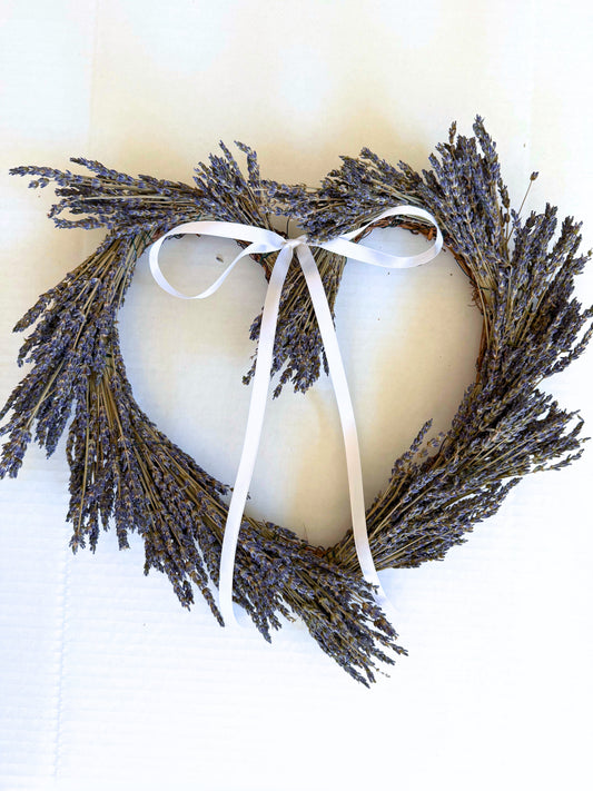 Dried lavender heart wreath with thin white satin ribbon